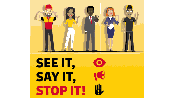 DHL employees with the words "see it, say it, stop it!"