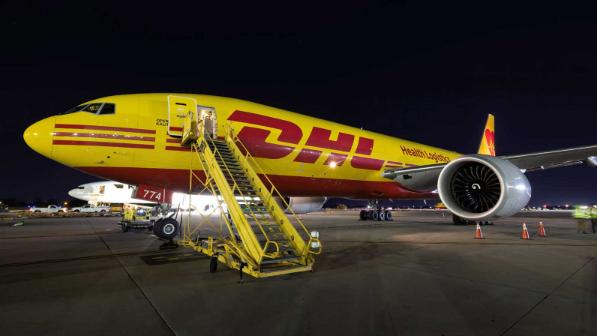 Boeing 777 freighter by night