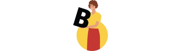 A stylized drawing of a woman in a yellow shirt and red skirt holding the letter B. 