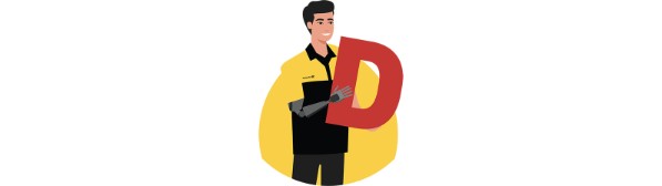 A stylized drawing of a man with a prosthetic arm holding the letter D.