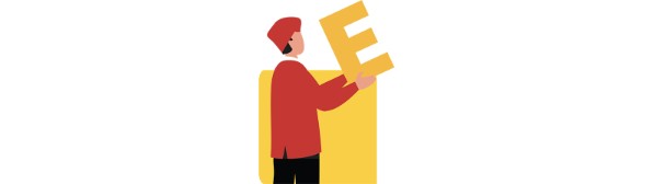 A stylized drawing of a man in a red hat holding the letter E.