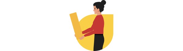 A stylized drawing of a woman in a red shirt holding the letter I.