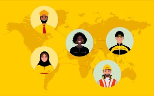 A map of the world with avatars of DHL employees.